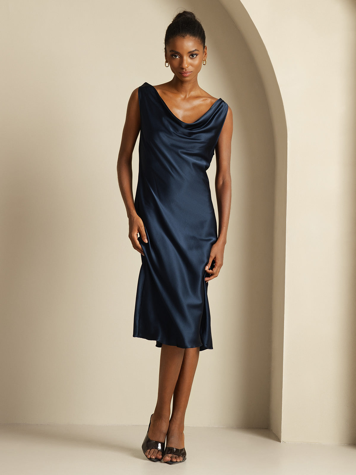 SilkSilky Women's Silk Double Cowl Neck Dress, 19-Momme, Dark Blue / XL(14)