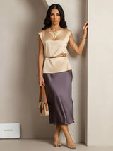 [Champagne] SilkSilky  Cap Sleeve Round Neck Women's T-Shirt 004