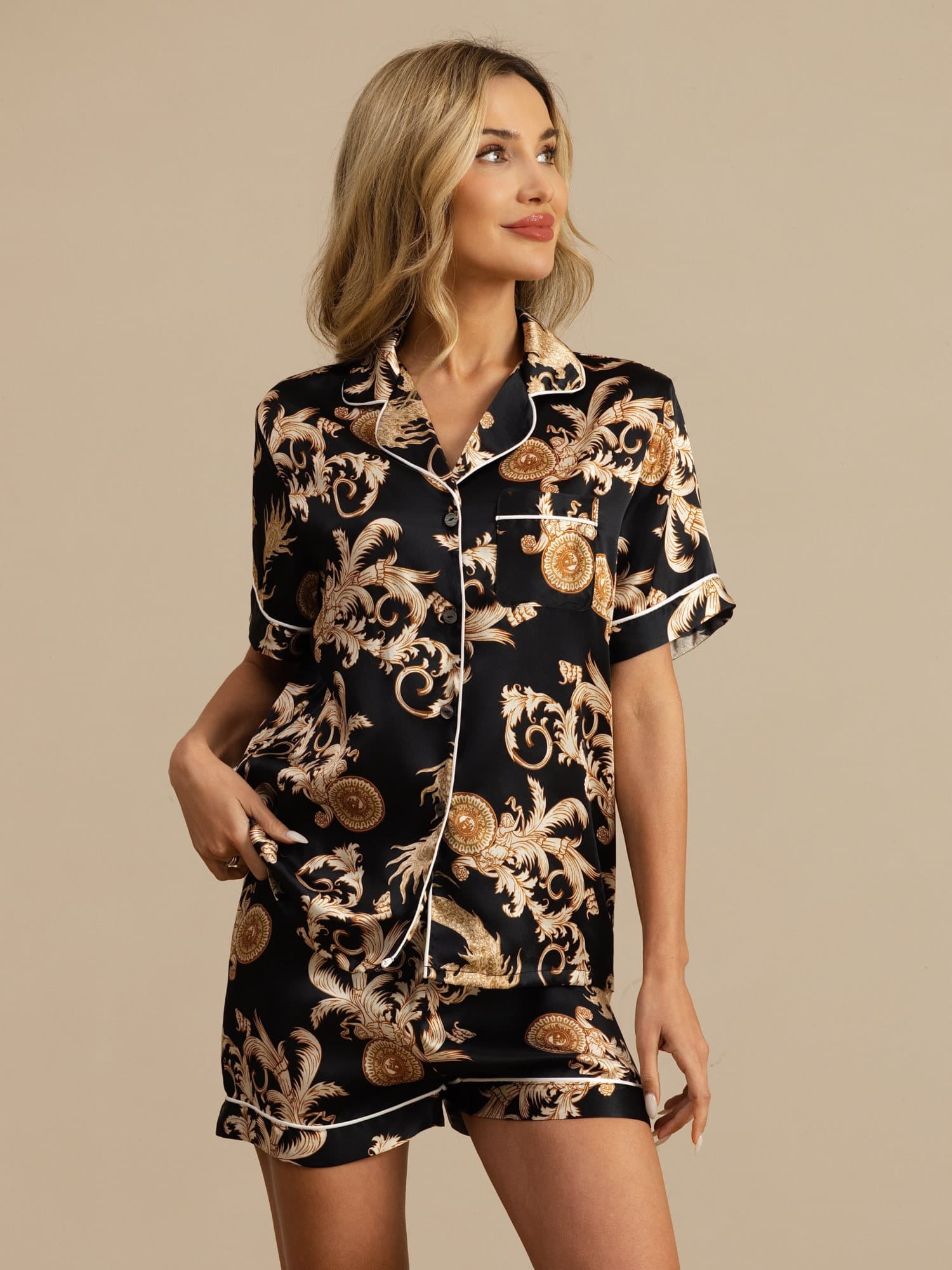 [Black Dragon] SilkSilky  Short Sleeve Notch Collar Women's Pajamas 004