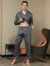 [Navy Ginkgo] SilkSilky  19Momme Long Sleeve Notch Collar Men's Pajamas 016
