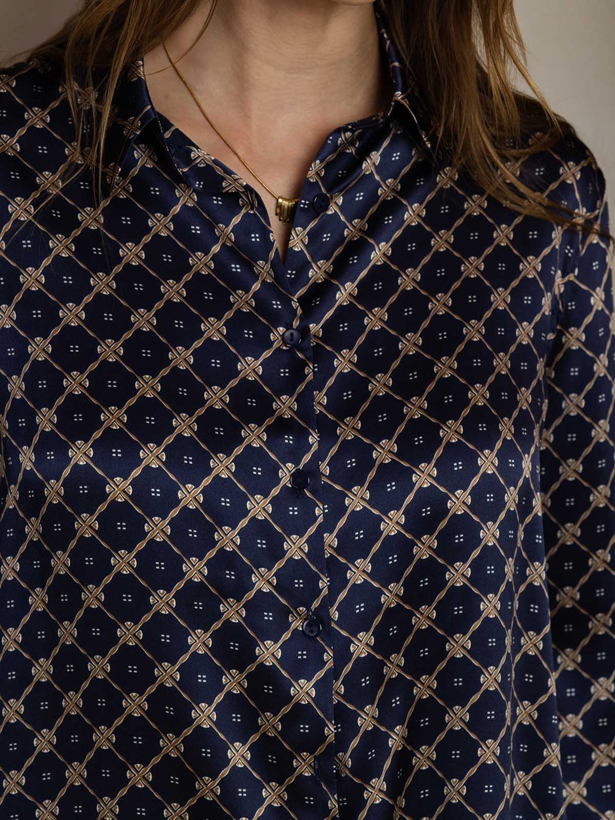 [Navy Chain] SilkSilky  19Momme Silk Lapel Collar Women''s Outfit Sets 005