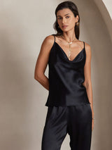 [Black] SilkSilky  19Momme Stretch Silk Charmeuse Spaghetti Strap Cowl Neck Camisole Top 003