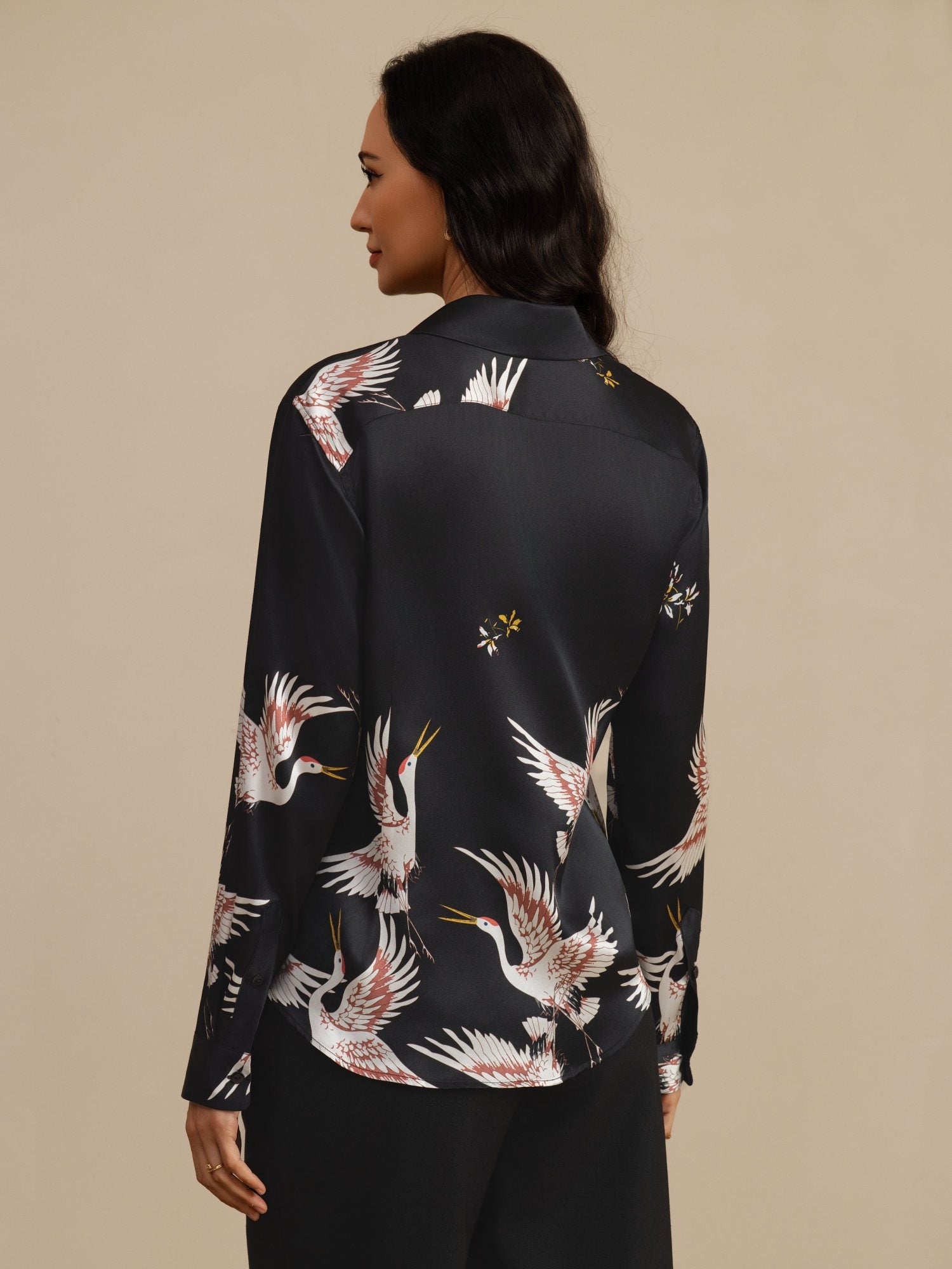 [Black] SilkSilky  19Momme Long Sleeve Lapel Collar Women's Shirt 002