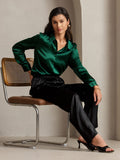 SilkSilky US Silk Blend Long Sleeve Collar Women's Shirt DarkGreen 003