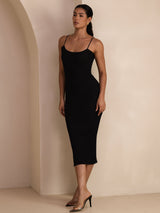[Black] SilkSilky Spaghetti Strap Square Neck Dress 006