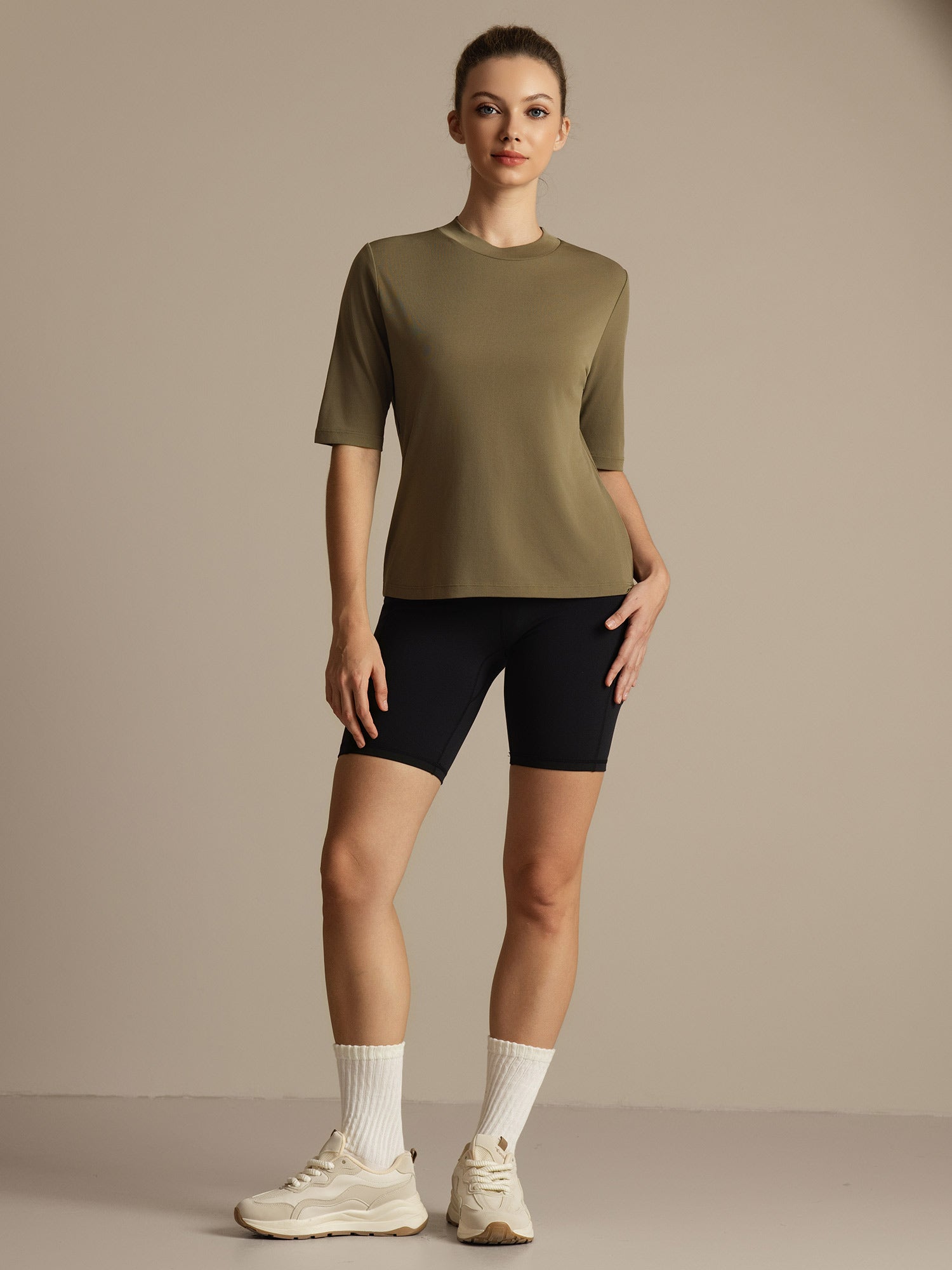 [Burnt Olive] SilkSilky  100% High-Twist Silk Jersey Half Sleeve Crew Neck Women's T-Shirt 001