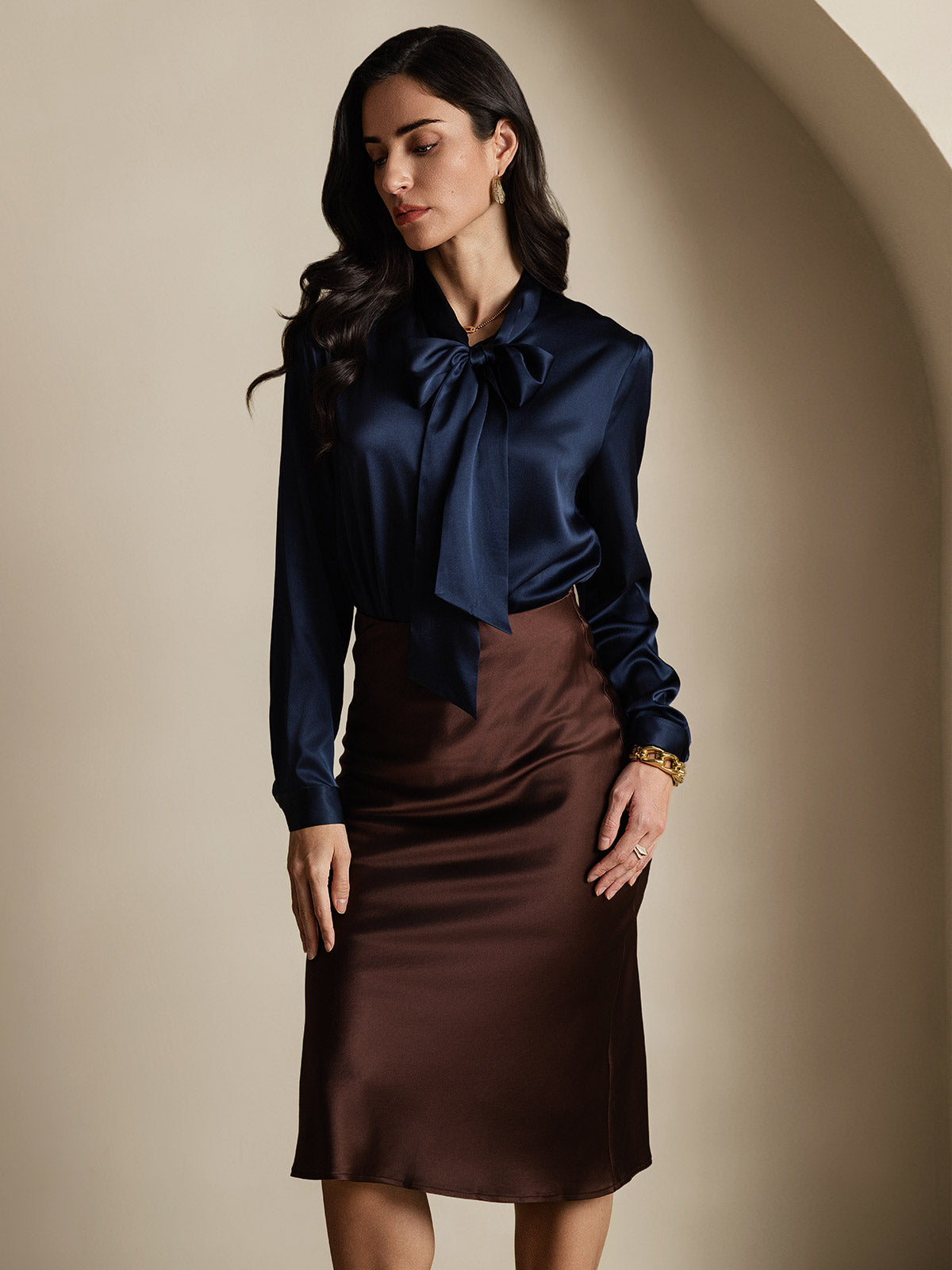 [Dark Blue] SilkSilky 19Momme Silk Long Sleeve Tie Neck Women's Shirt 005