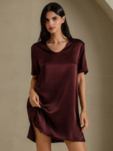 [Brown] SilkSilky  Half Sleeve V Neck Nightgown 001