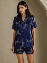 [Navy Zebra] SilkSilky  Short Sleeve Lapel Collar Women's Pajamas 001
