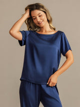 [Dark Blue] SilkSilky  19Momme Machine-Washable Silk Short Sleeve Women's Pajamas 003