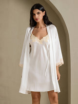 [White] SilkSilky  3/4 Sleeve V Neck Nightgown&Robe Set 001