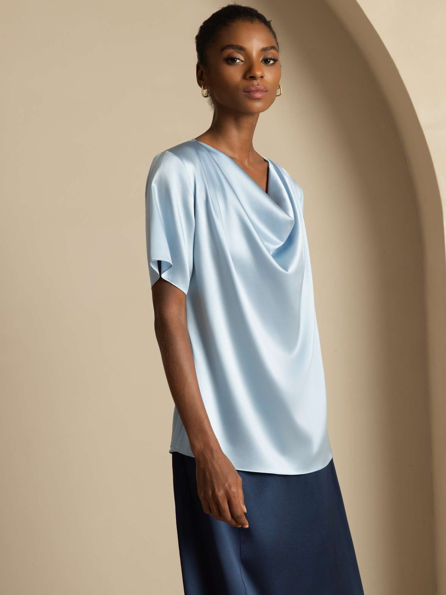 [Grayish Blue] SilkSilky  19Momme Silk Short Sleeve Cowl Neck Blouse 006