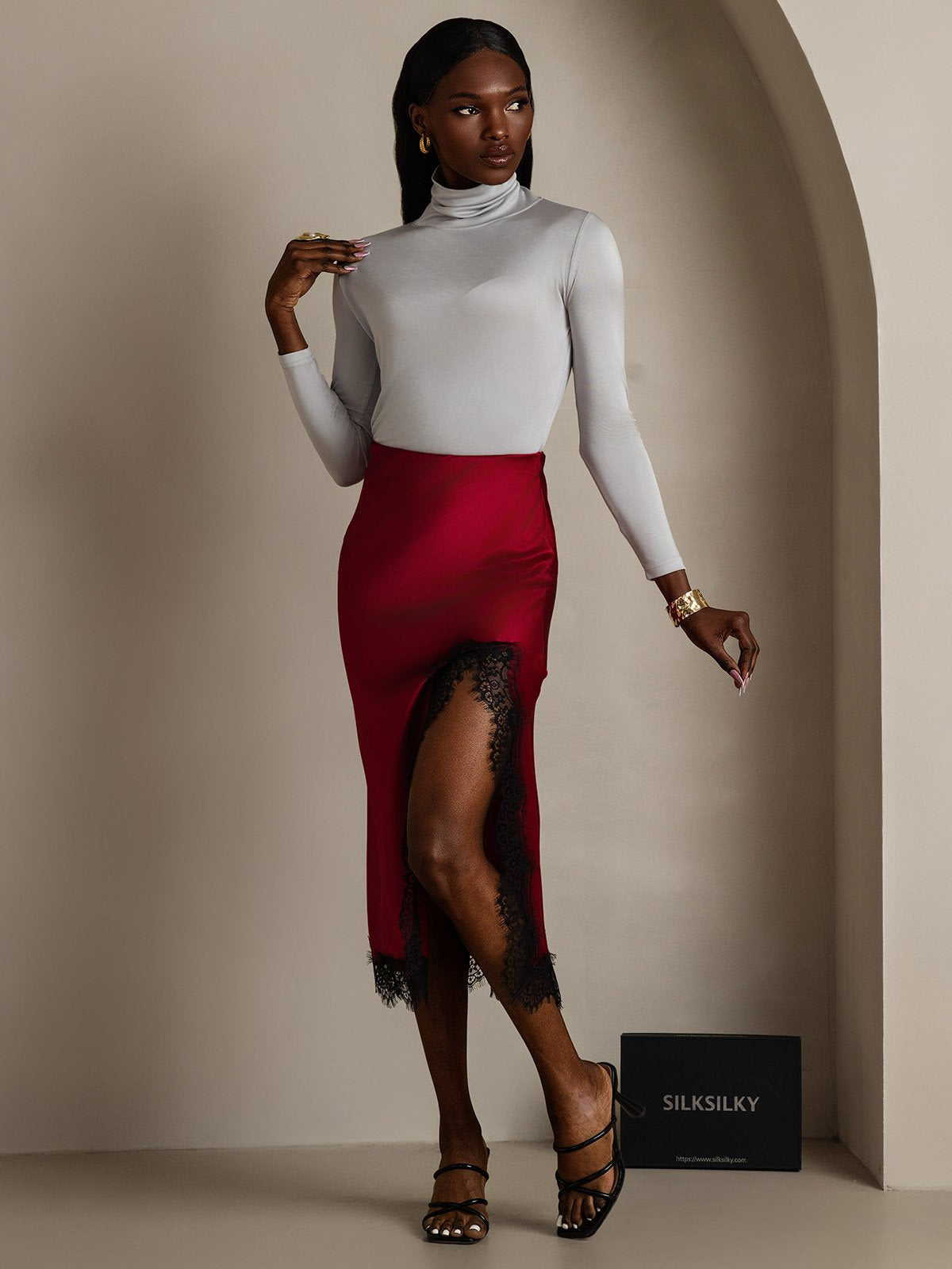 [Light Gray] SilkSilky  Silk Long Sleeve High Neck Women's T-Shirt 005