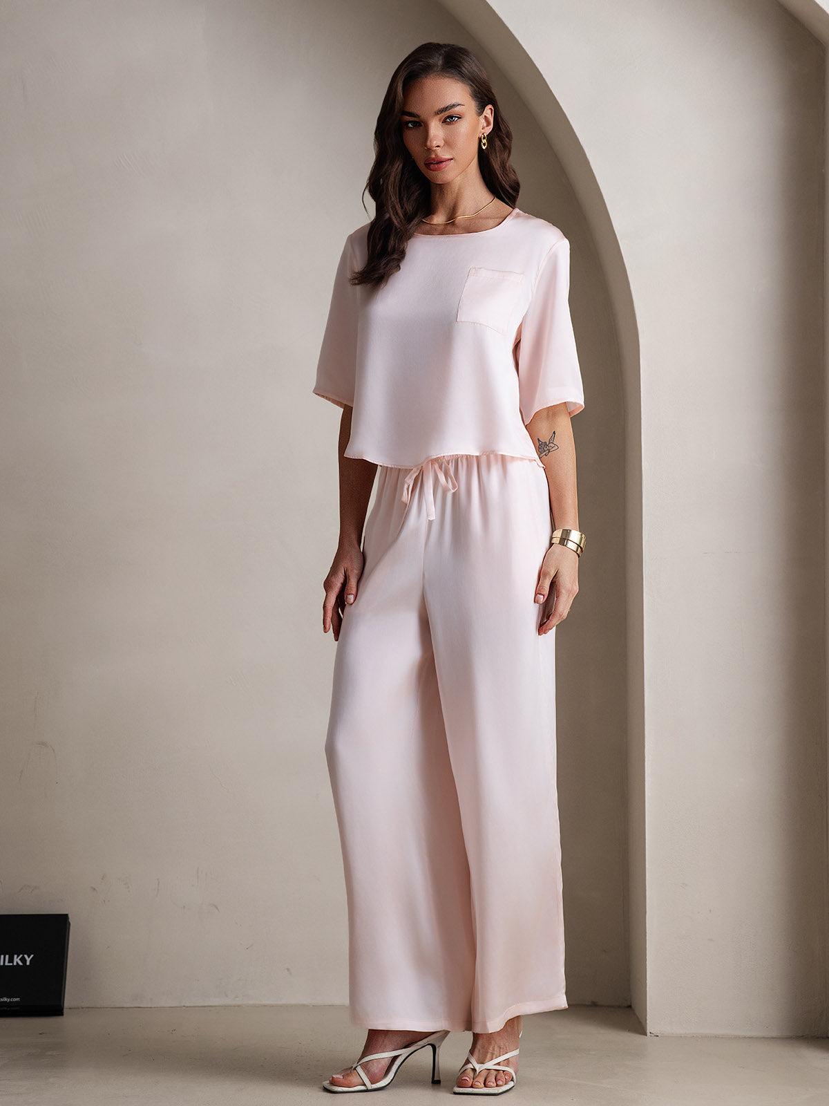 [Pink] SilkSilky  Half Sleeve Round Neck Women's Pajamas 006