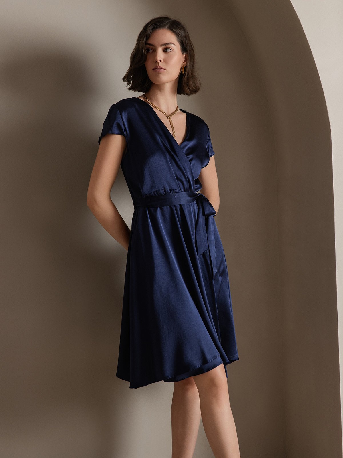 [Dark Blue] SilkSilky  19Momme Silk V Neck Dress 002