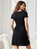 SilkSilky US Silk Knitted Short Sleeve Round Neck Women's Loungewear Black 002