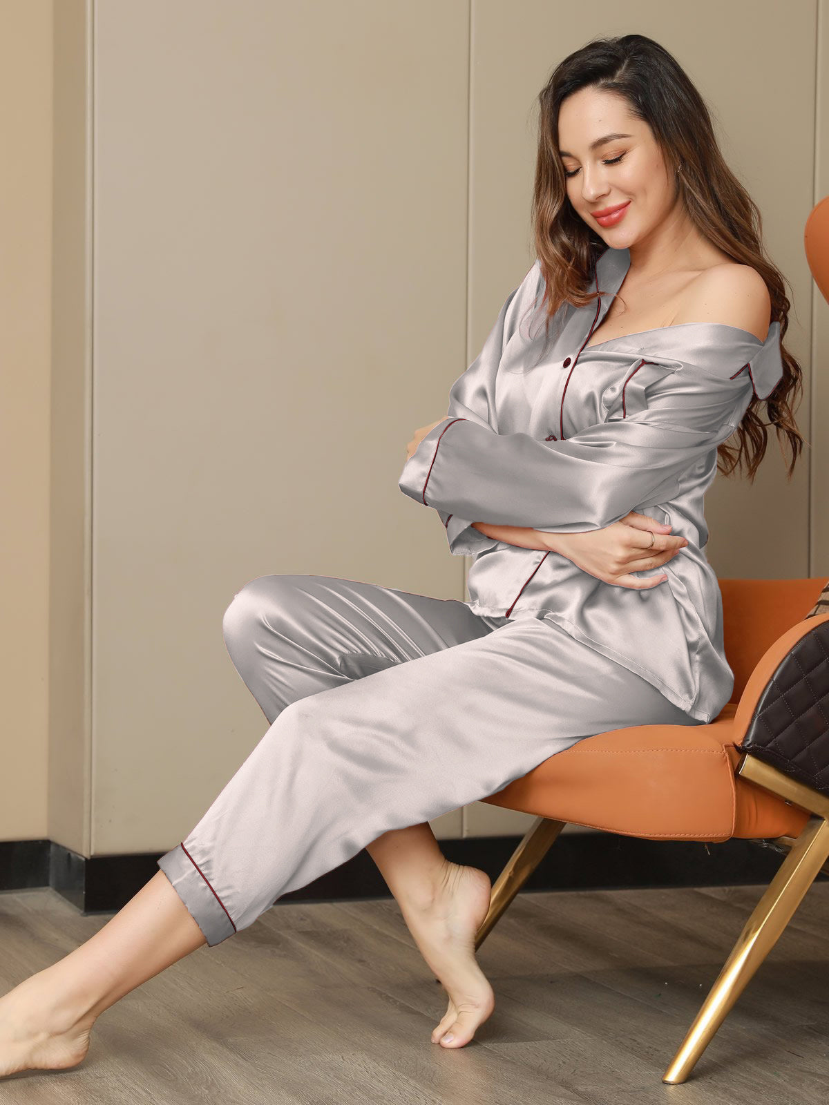 SilkSilky US Pure Silk Long Sleeve Lapel Women's Pajamas Silver 002