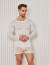 [White] SilkSilky  Long Sleeve Round Neck Men's T-Shirt 001