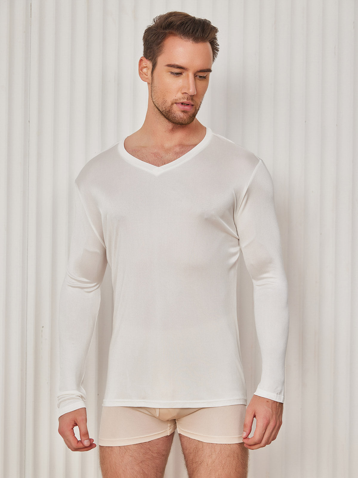 SilkSilky US Silk Knitted Long Sleeve V Neck Men's T Shirt White 003