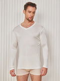 SilkSilky US Silk Knitted Long Sleeve V Neck Men's T Shirt White 003