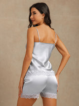 [Grayish Blue] SilkSilky  Spaghetti Strap V Neck Camisole Set 002
