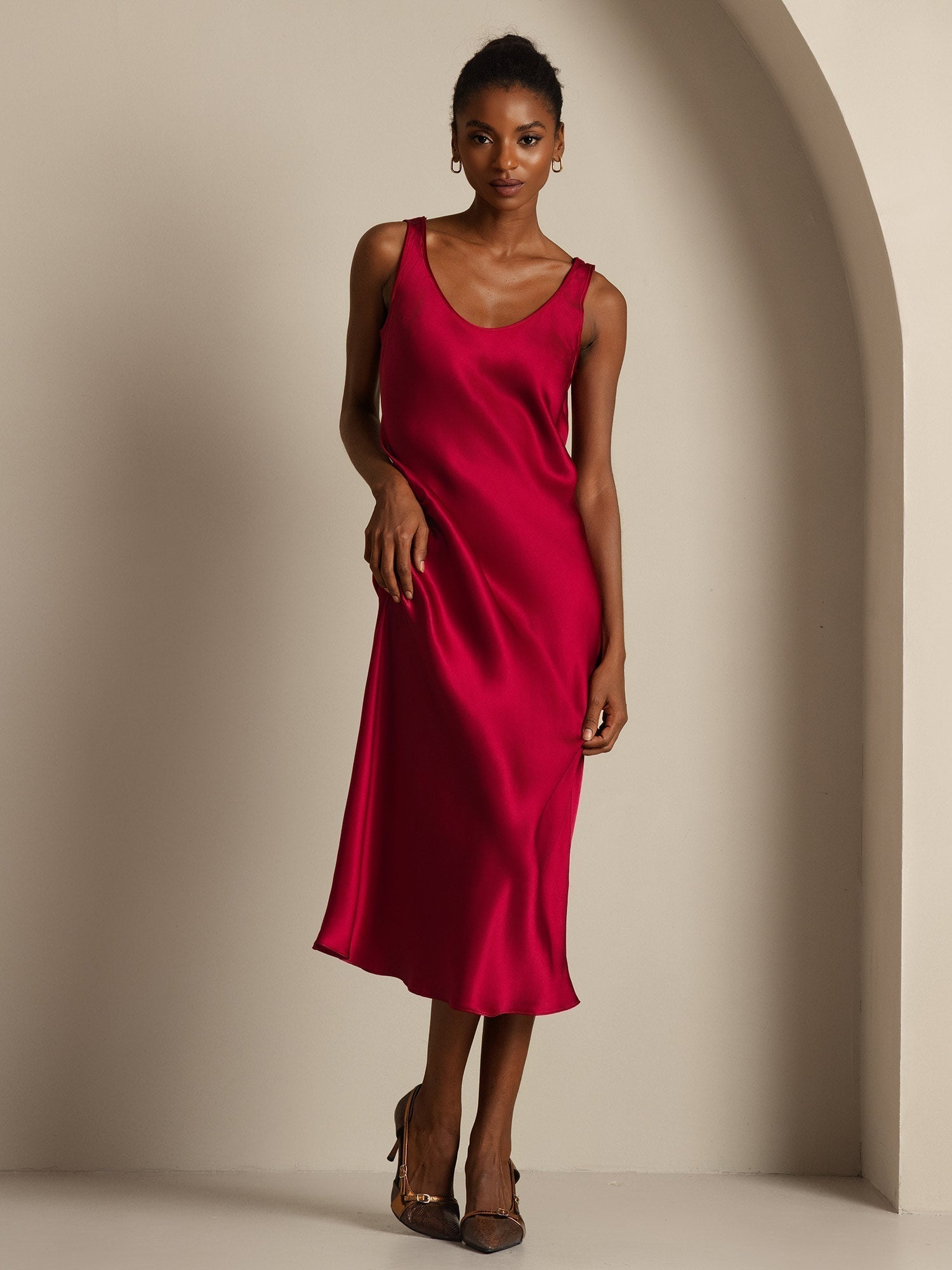 [Wine] SilkSilky  Pure Silk Boat Neck Dress 001,