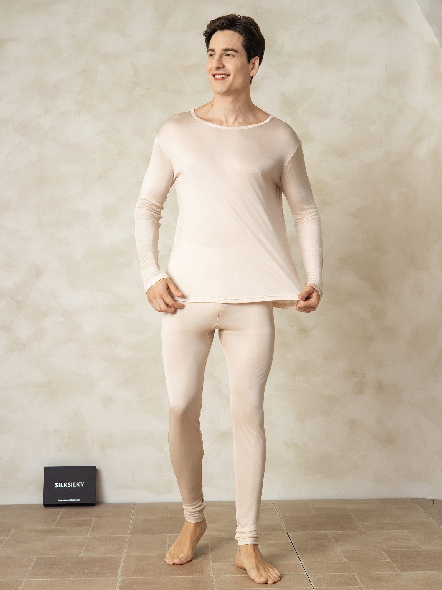 [Tan] SilkSilky Silk Round Neck Men's Pajamas 003