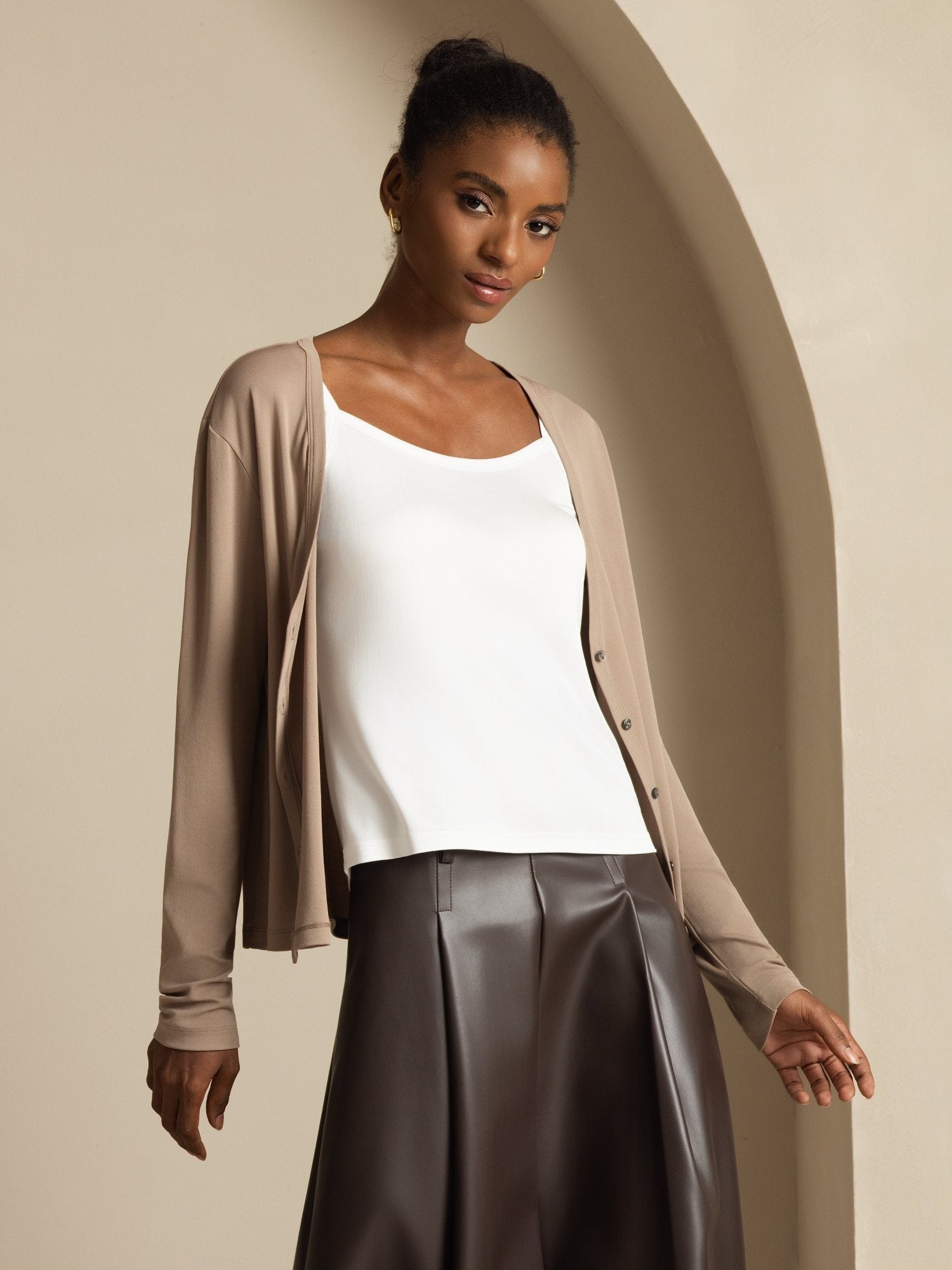 [Tan] SilkSilky Silk Long Sleeve V Neck Women's Cardigan 003