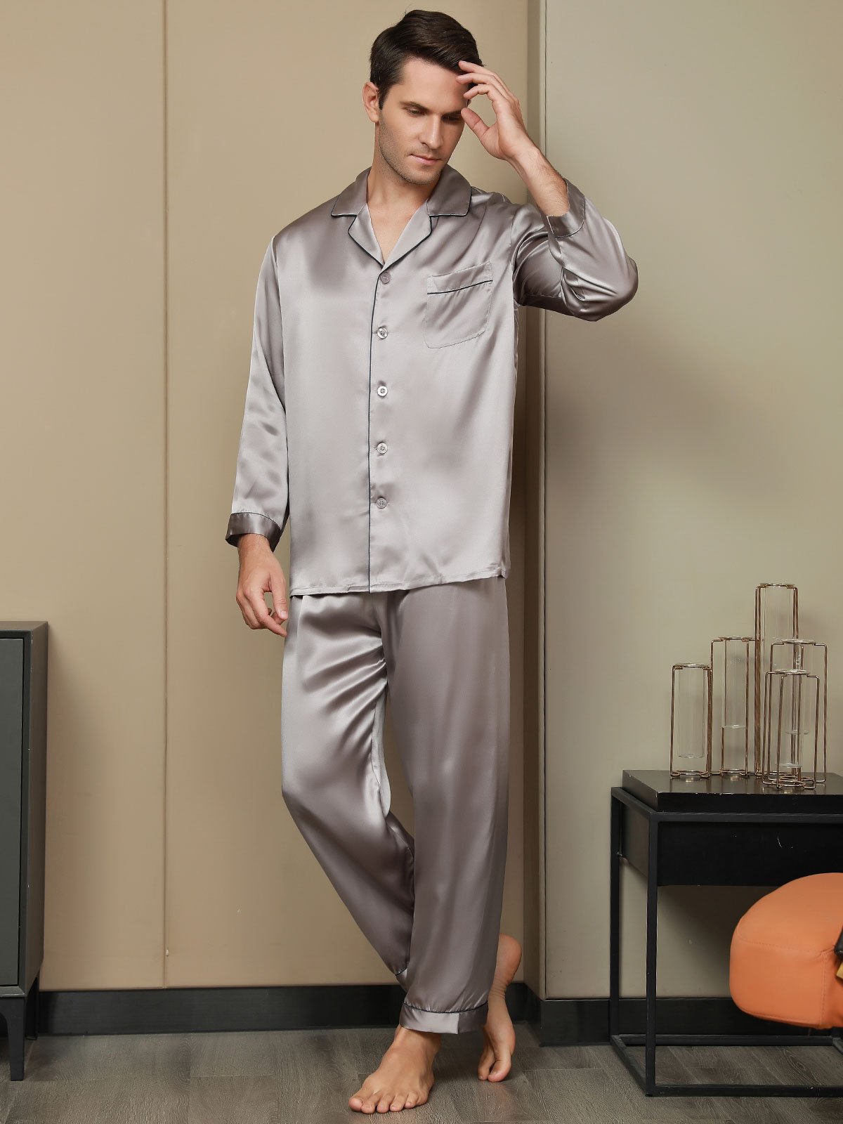 SilkSilky US Pure Silk Long Sleeve Lapel Men's Pajamas Gray 002