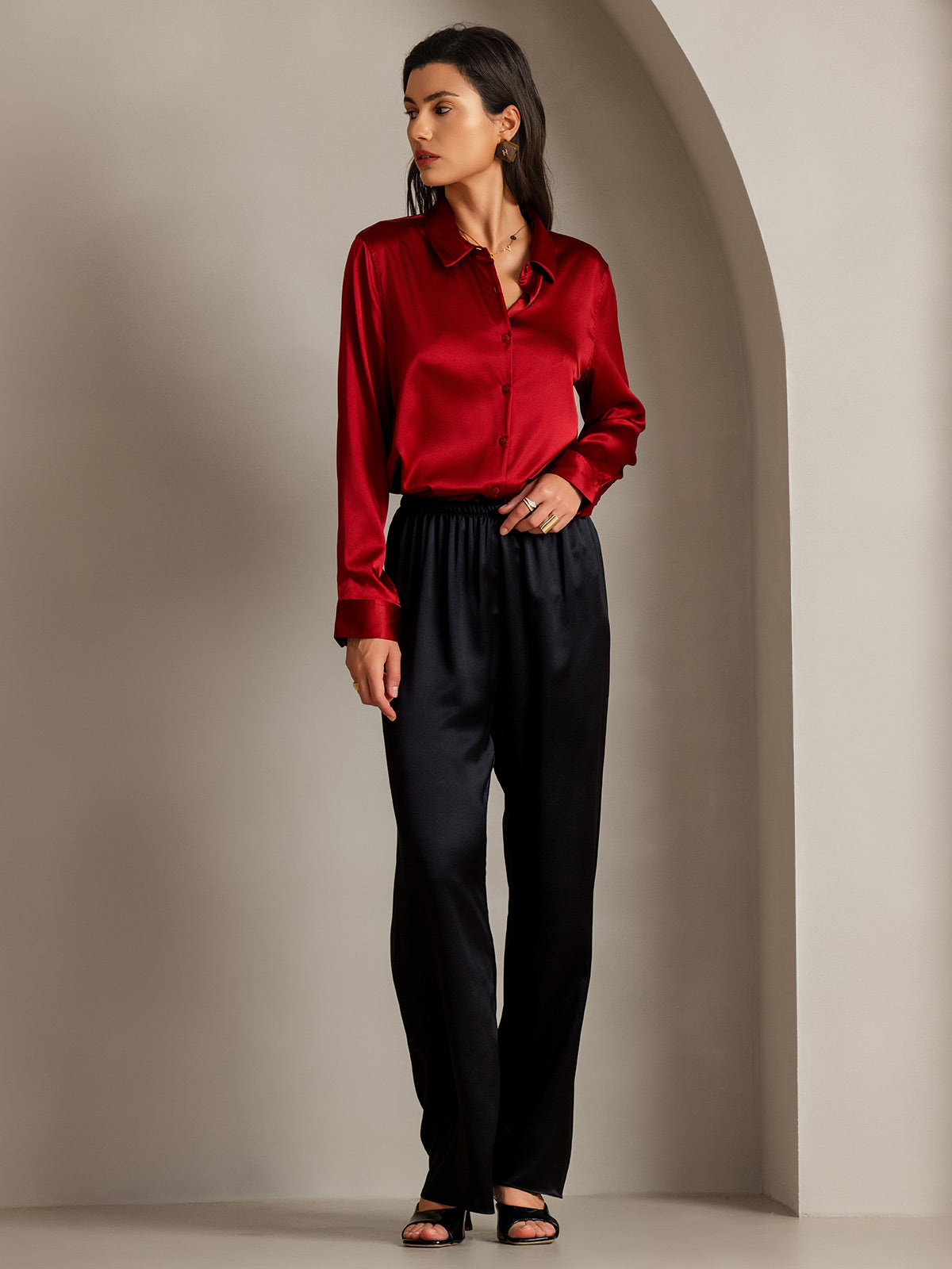 [Red] SilkSilky  Silk Lapel Collar Women's Shirt 006