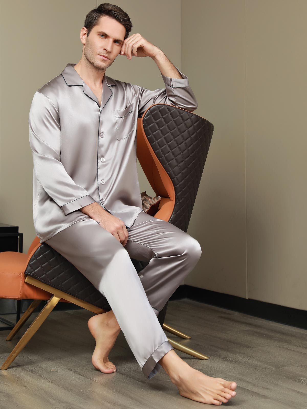 SilkSilky US Pure Silk Long Sleeve Lapel Men's Pajamas Gray 007