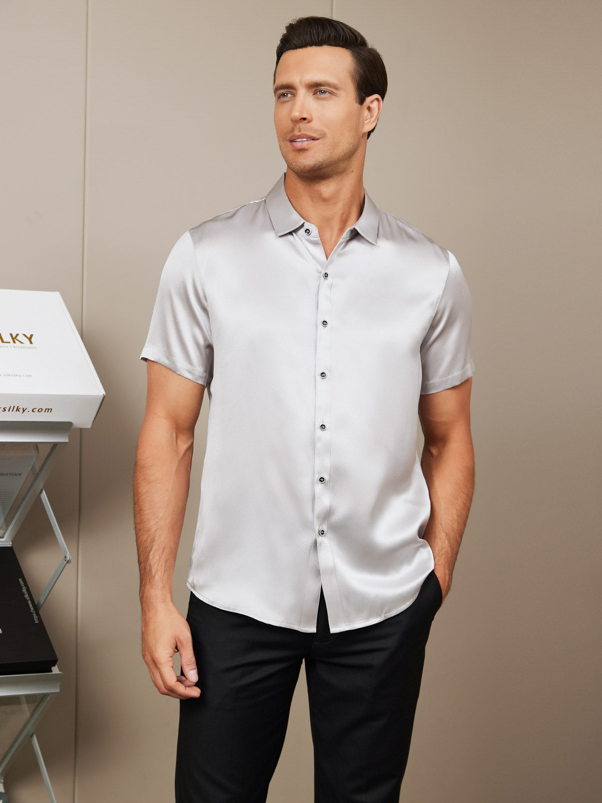 SilkSilky US Silk Blend Short Sleeve Collar Men's Shirt Silver 005