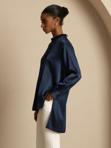 [Dark Blue] SilkSilky  19Momme Stretch Silk Charmeuse Long Sleeve Stand Collar Blouse 003