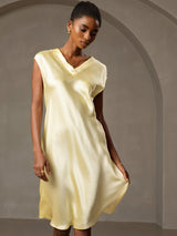 [Yellow] SilkSilky  Cap Sleeve V Neck Nightgown 003
