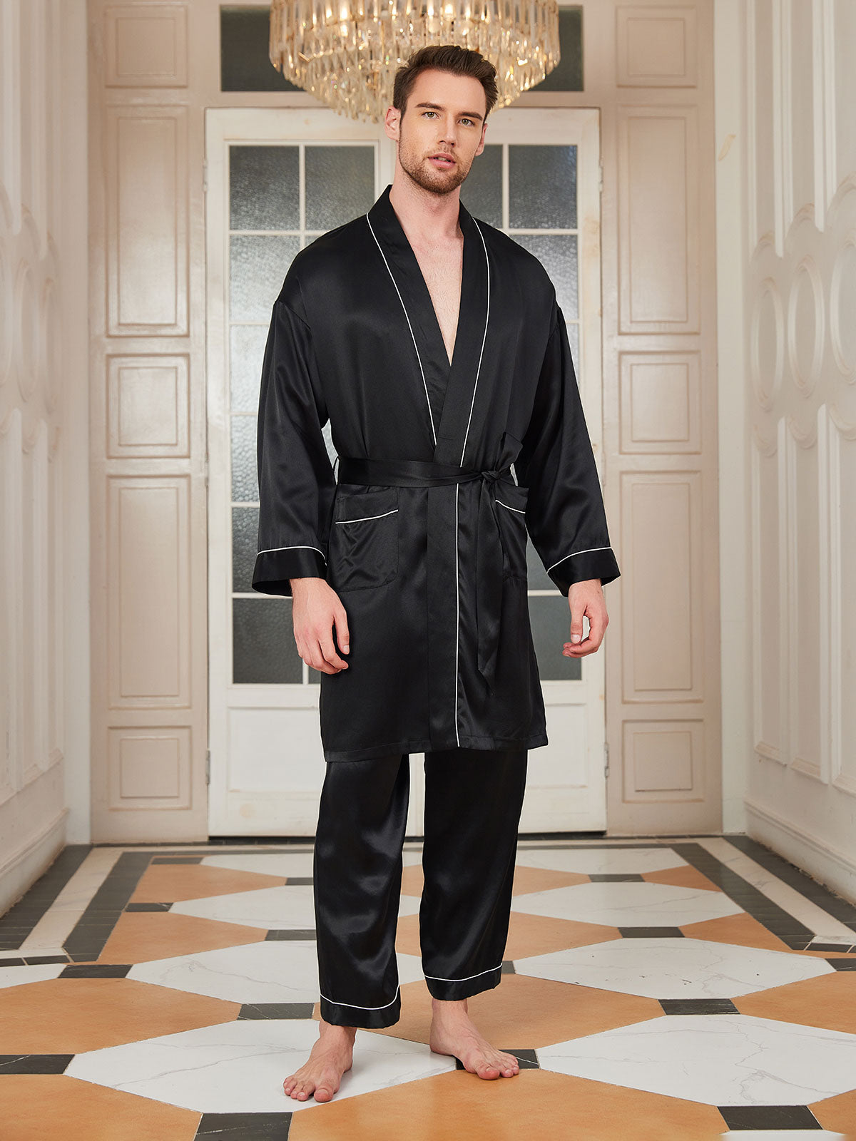 SilkSilky US Pure Silk 3/4 Sleeve Deep V Neck Men's Robe Black 001