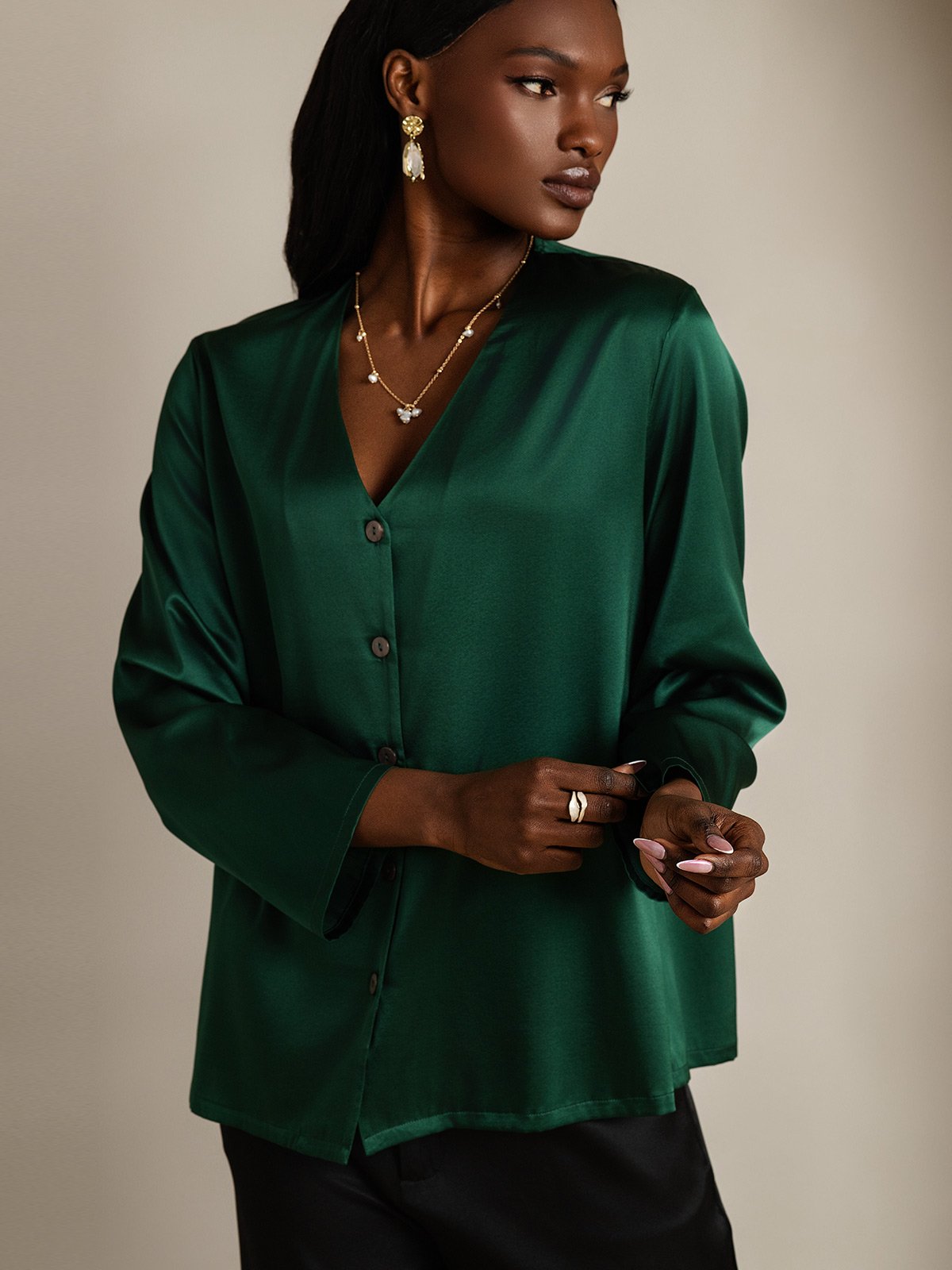 [Dark Green] SilkSilky  19Momme Silk V Neck Women's Shirt 004