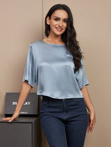 [Grayish Blue] SilkSilky  Pure Silk Half Sleeve Scoop Neck Women's T-Shirt 001