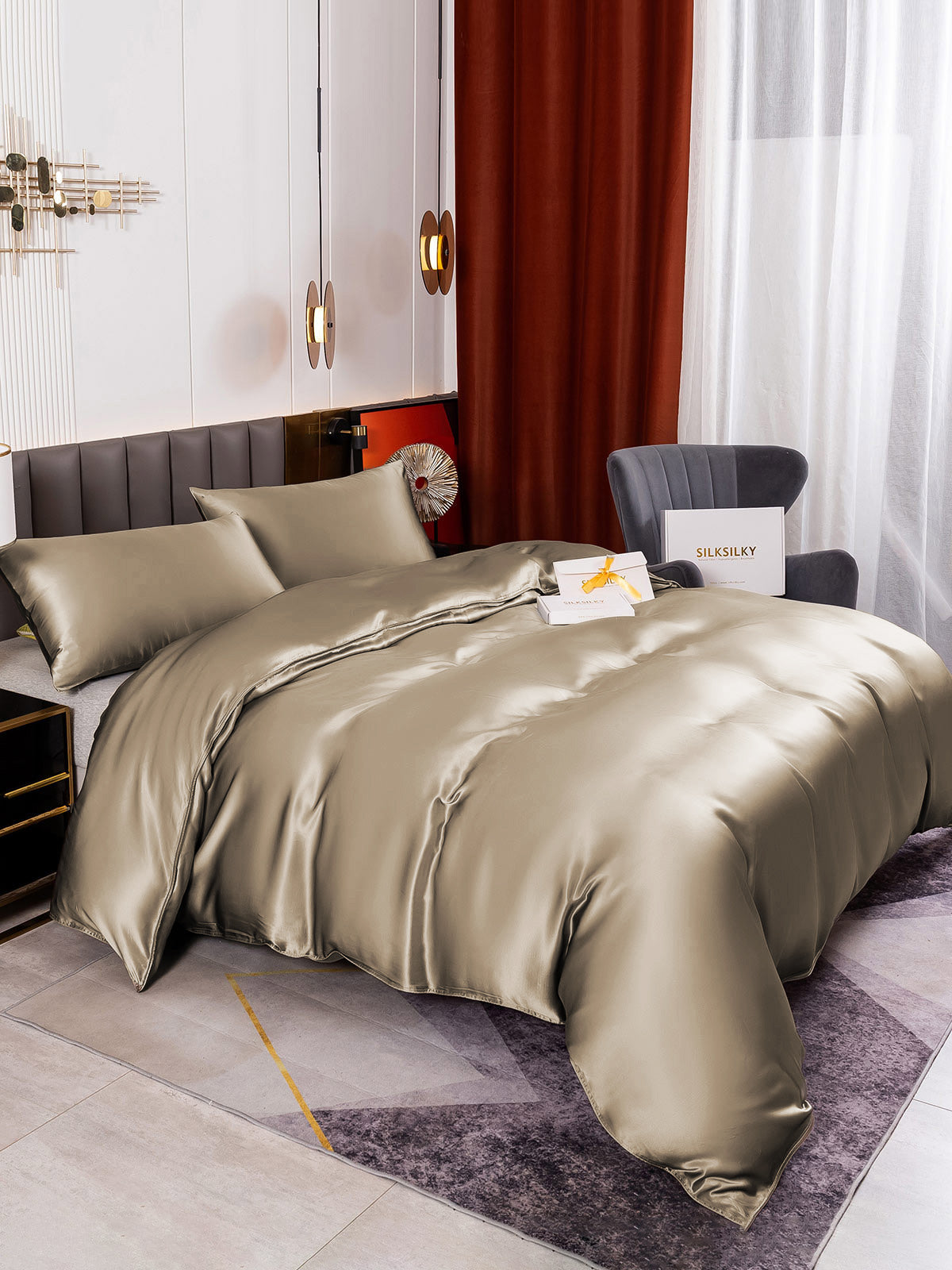 [Khaki] SilkSilky  19Momme Pure Silk Bedding Set 005