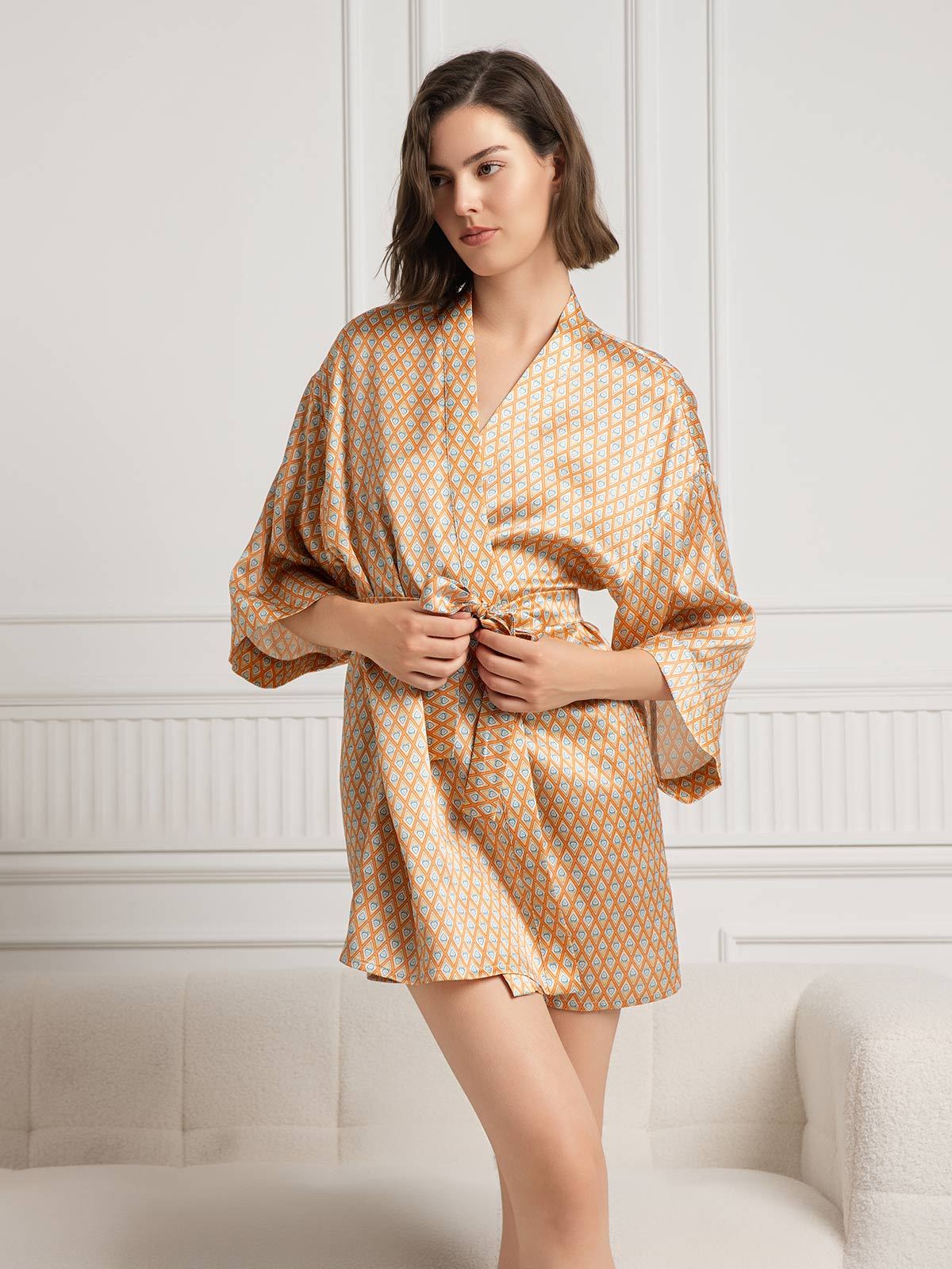 SilkSilky Pure Silk 3/4 Sleeve V Neck Women's Robe Champagne 003