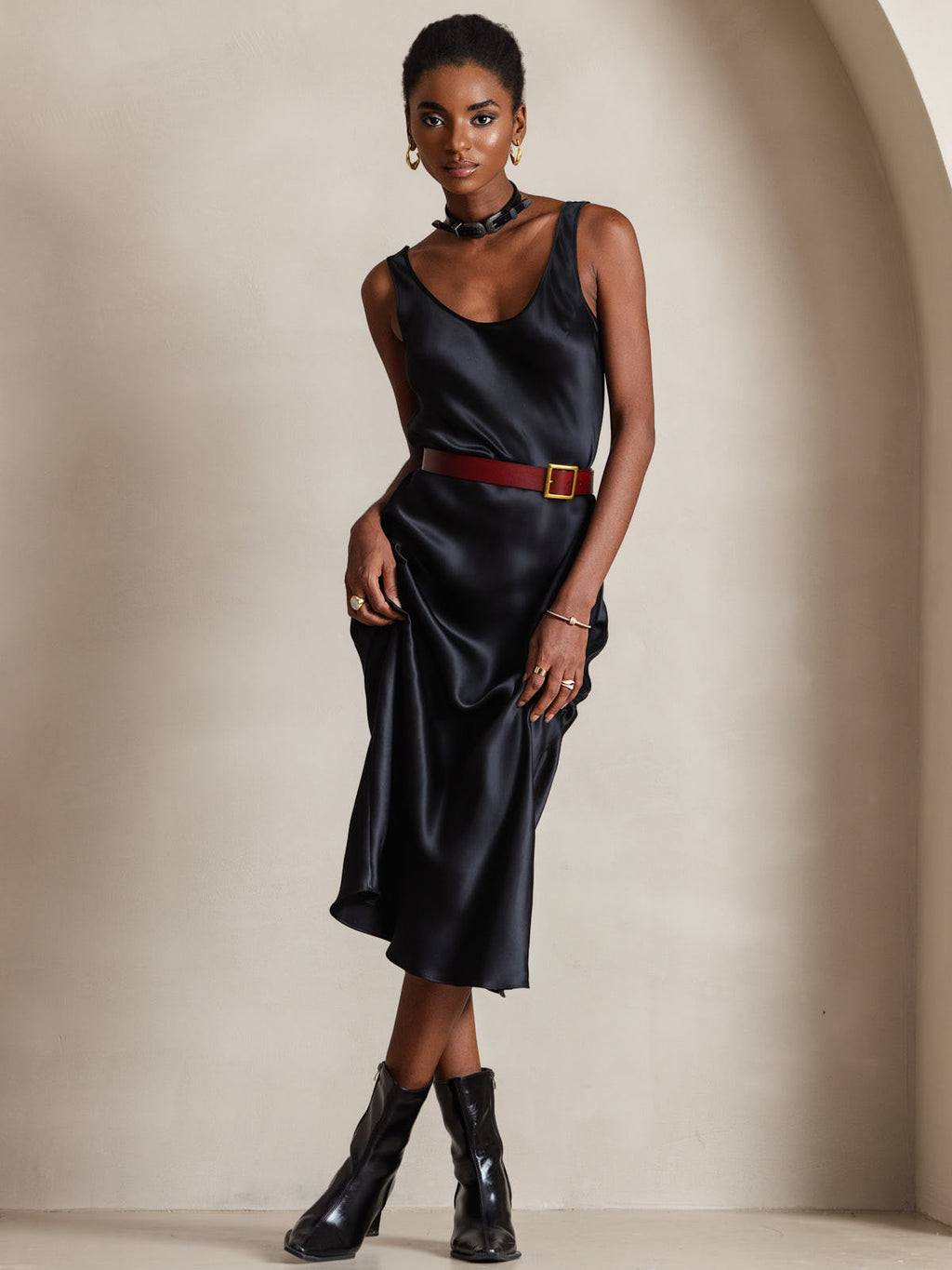 SilkSilky 100% Mulberry Silk Sleeveless U Neck Midi Long Dress, Black / S(6)