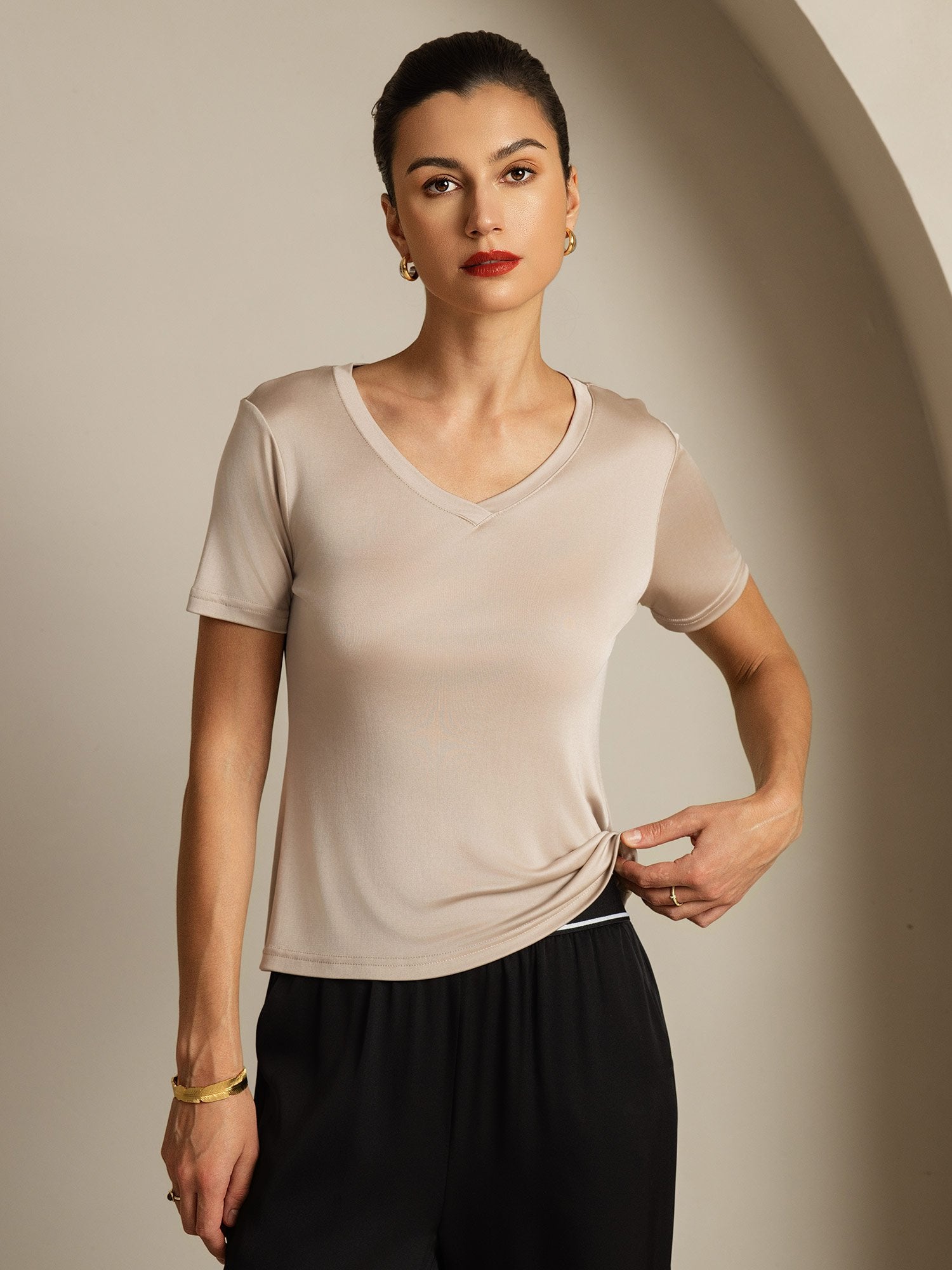 [LightKhaki] SilkSilky Pure Silk V Neck Women's T-Shirt 003