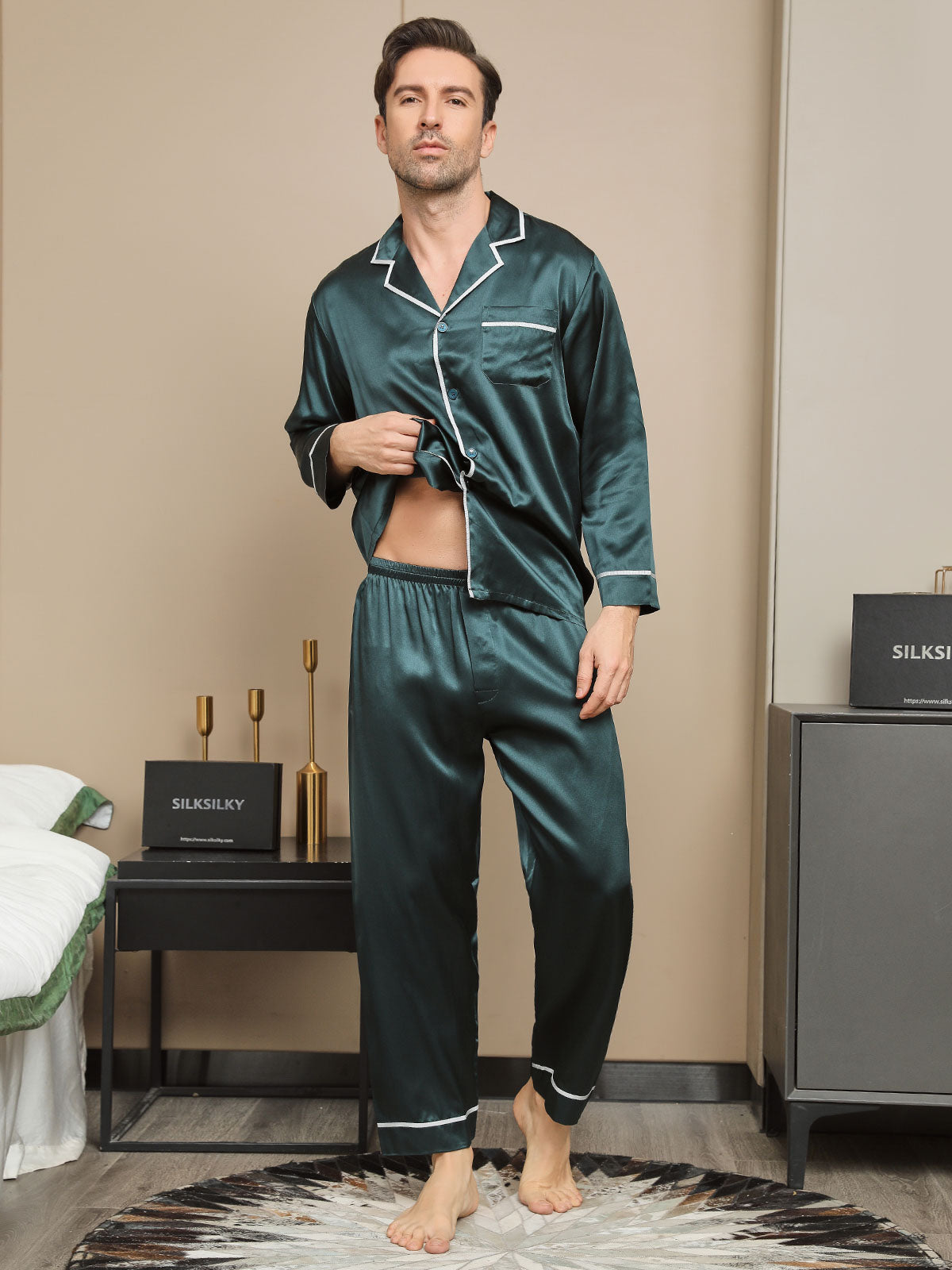 SilkSilky  19Momme Pure Silk Long Sleeve Lapel Men's Pajamas DarkGreen 005