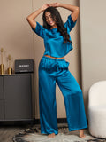 SilkSilky US Pure Silk Half Sleeve Round Neck Women's Pajamas Teal 001