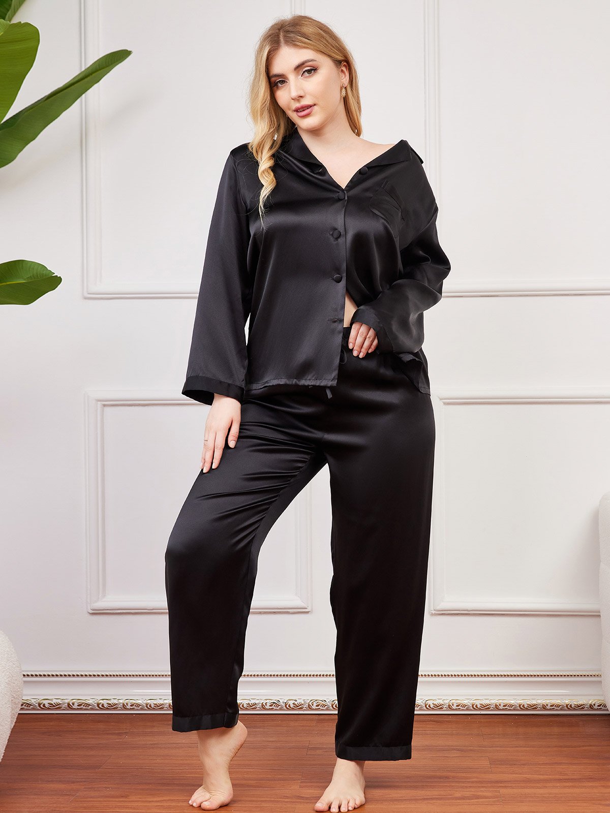 SilkSilky US Pure Silk Long Sleeve Lapel Plus Size Pajamas Black 003