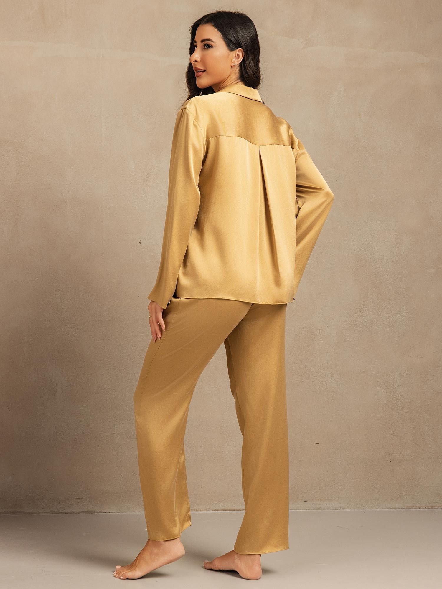 [Tan] SilkSilky 19Momme Silk Notched Neck Women's Pajamas 002