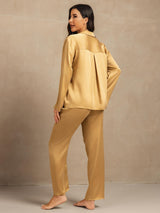 [Tan] SilkSilky  19Momme Machine-Washable Silk Long Sleeve Notch Collar Women's Pajamas 002