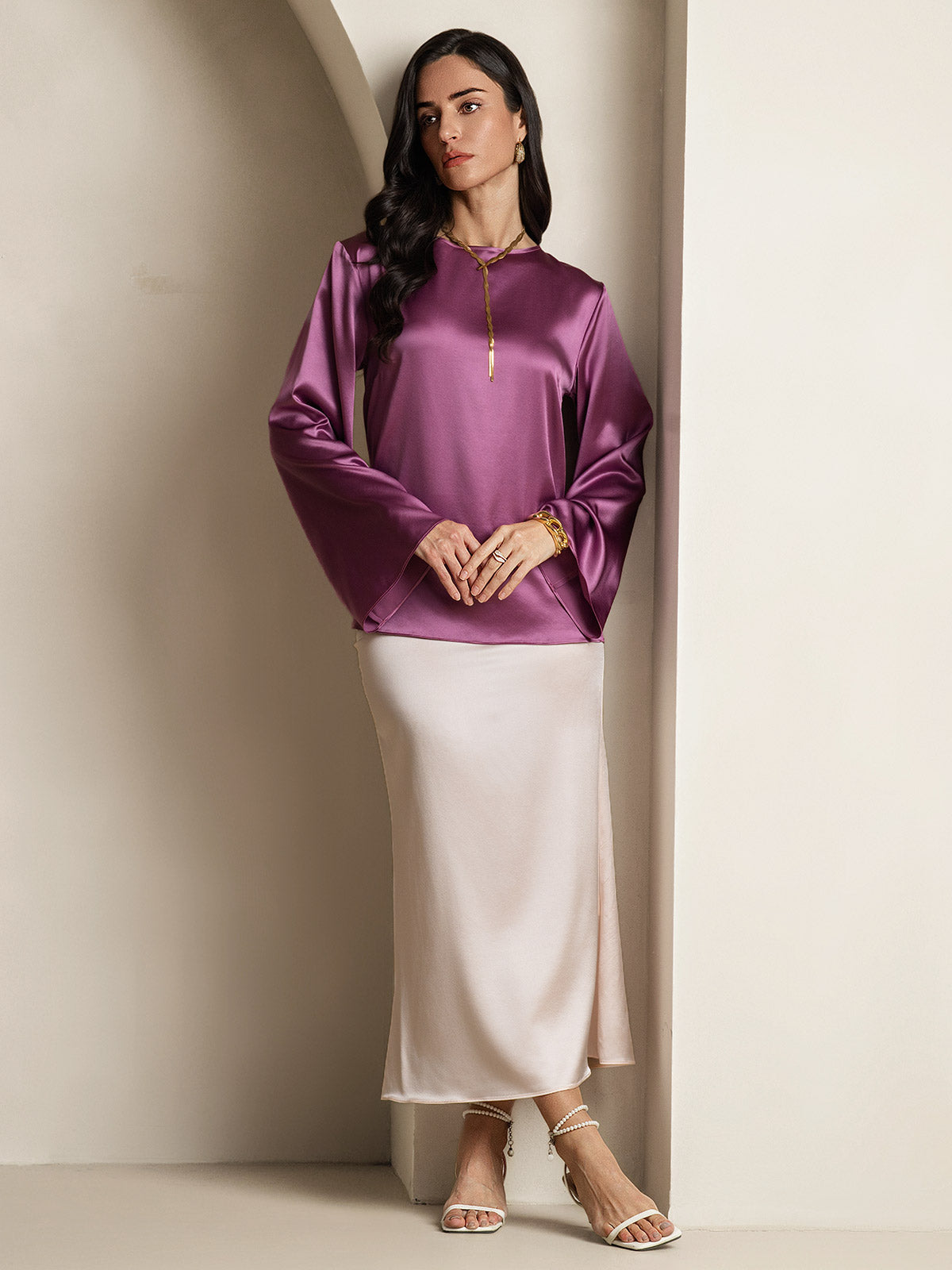 [Deep Purple] SilkSilky  19Momme Silk Round Neck Women's T-Shirt 007