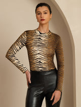 [Tiger] SilkSilky 100% Silk Jersey Long Sleeve Mock Neck Women's T-Shirt 005