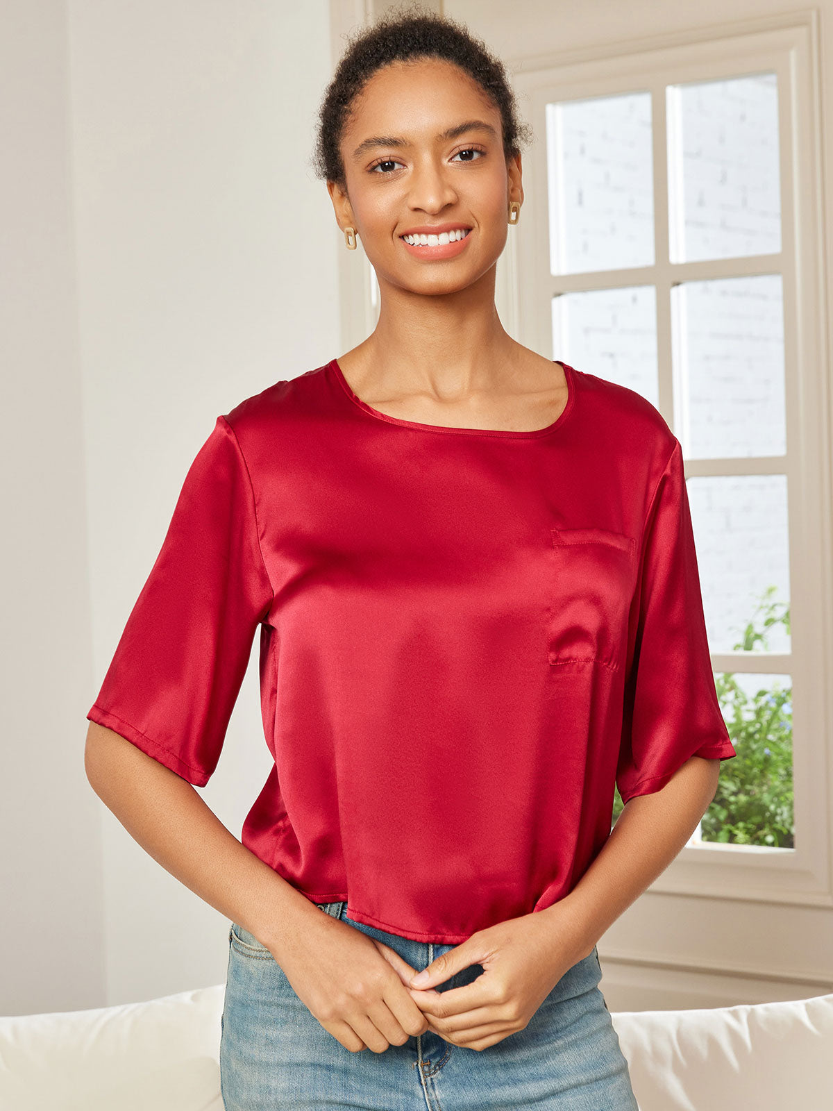 SilkSilky US Pure Silk Half Sleeve Boat Neck Women's T Shirt DarkRed 001