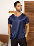 SilkSilky US Pure Silk Short Sleeve V Neck Men's T Shirt DarkBlue 001